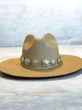 Stetson Tan Straw Fedora with Silver Concho Band